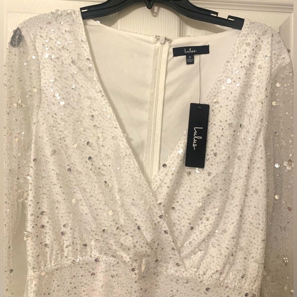 Lulus Noticeable Shine White Sequin Beaded Long Sleeve Mini Dress, Medium, White - Picture 2 of 5